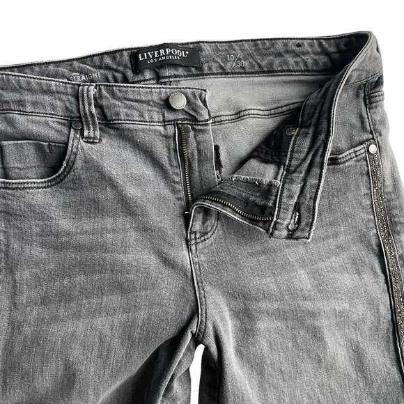 Liverpool Crop Straight Jean Ankle denim Gray Size 10 Bling Side Stripe Fray hem - Picture 3 of 9